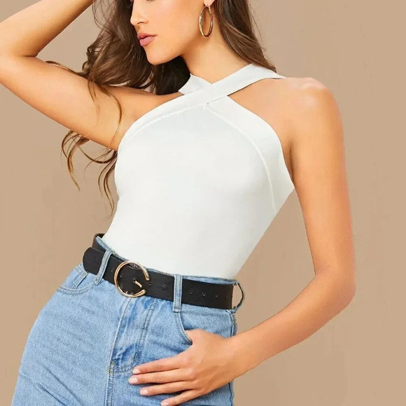 White Casual Women's Form-Fitting Crisscross Halter Top - Picture 1 of 6